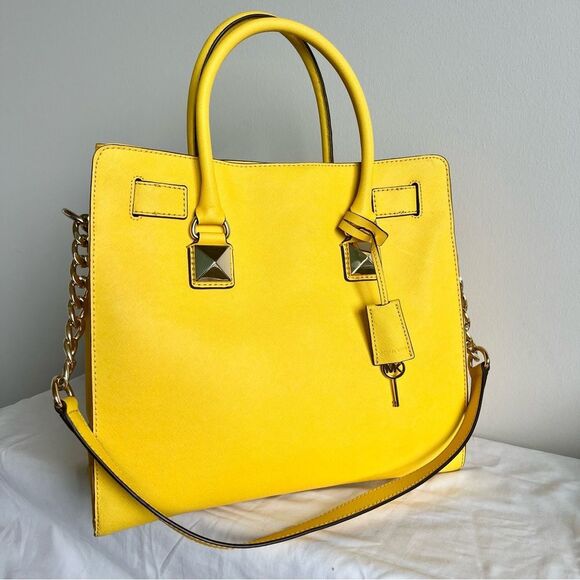MICHAEL KORS Yellow RARE Studded XL Hamilton Satchel Shoulder Bag Raven Selma - Picture 2 of 10